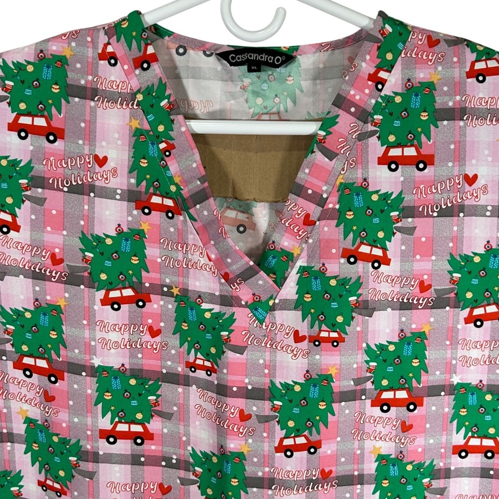 Cassandra O Christmas Scrub Top Size XL Pink Plaid Happy Holidays Trees Red Car